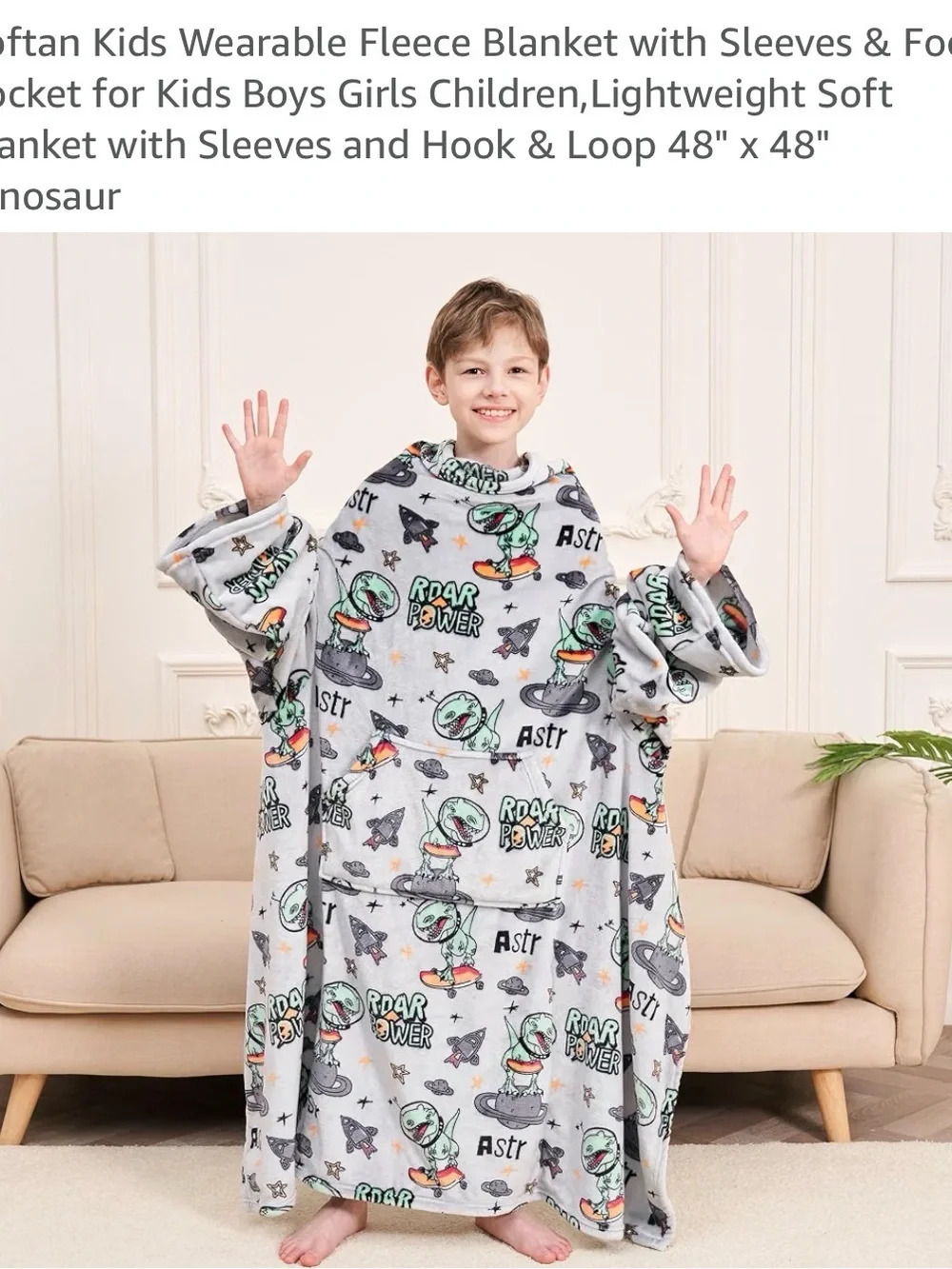 Kids Dinosaur Wearable Fleece Blanket with Sleeves - Gray/Green